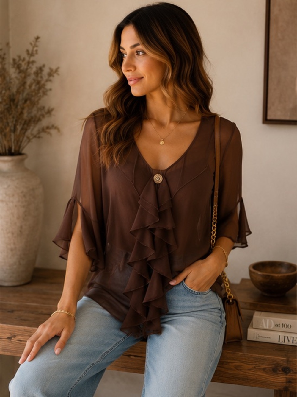 FROM PARIS FRANCE 🇫🇷 Ruffle V-Neck Blouse - Brown